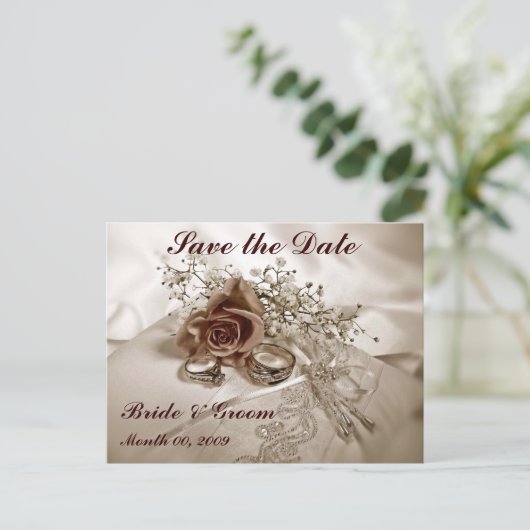 の結婚リングや輪とバラ日付はがきを保存する 案内ポストカード (スタンド正面)