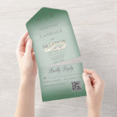 の結婚リングや輪エメモダンラルドグリーンQRコード オールインワン招待状 (貼ってはがせる)