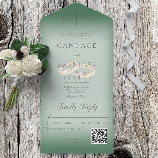 の結婚リングや輪エメモダンラルドグリーンQRコード オールインワン招待状