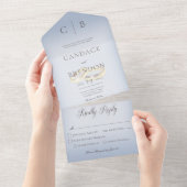 の結婚リングや輪ダスティーモダンブルーディナー オールインワン招待状 (貼ってはがせる)