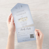 の結婚リングや輪モダンダスティブルーQRコード オールインワン招待状 (貼ってはがせる)