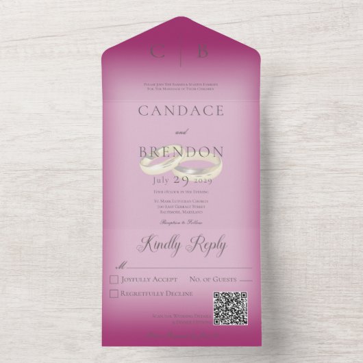 の結婚リングや輪モダン明るい赤紫色ピンクQRコード オールインワン招待状 (内側)