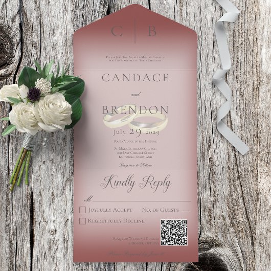 の結婚リングや輪モダンBurgundy QRコード オールインワン招待状
