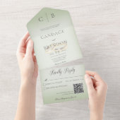 の結婚リングや輪モダンSage Green QRコード オールインワン招待状 (貼ってはがせる)