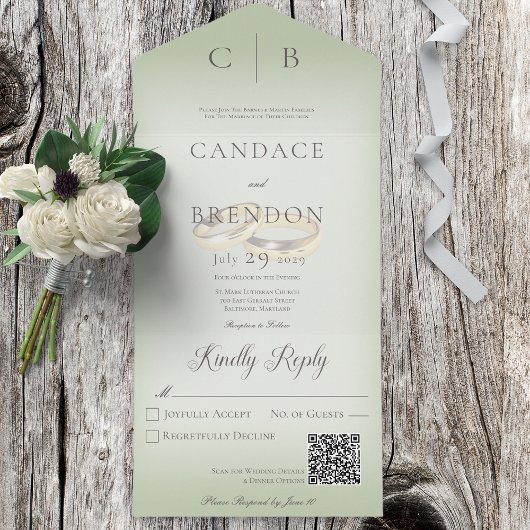 の結婚リングや輪モダンSage Green QRコード オールインワン招待状