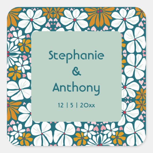 の結婚レトロ花Groovy 70s Boho スクエアシール (正面)