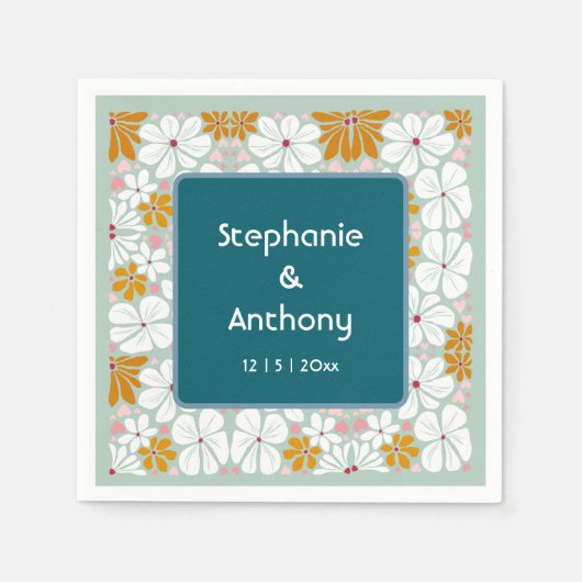 の結婚レトロ花Groovy 70s Boho スタンダードカクテルナプキン (正面)