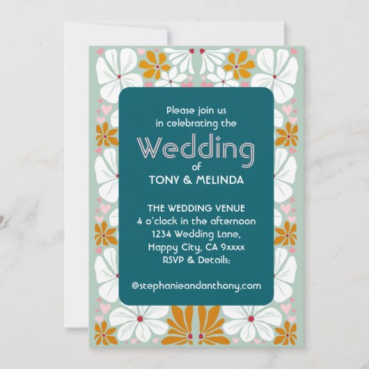 の結婚レトロ花Groovy 70s Boho 招待状 (正面)