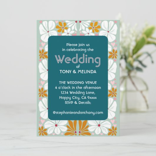 の結婚レトロ花Groovy 70s Boho 招待状 (スタンド正面)