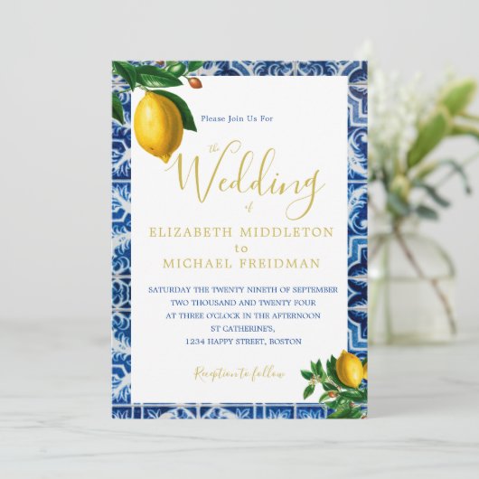 の結婚レモン青い白いタイル・トスカーナエレガント 招待状 (スタンド正面)