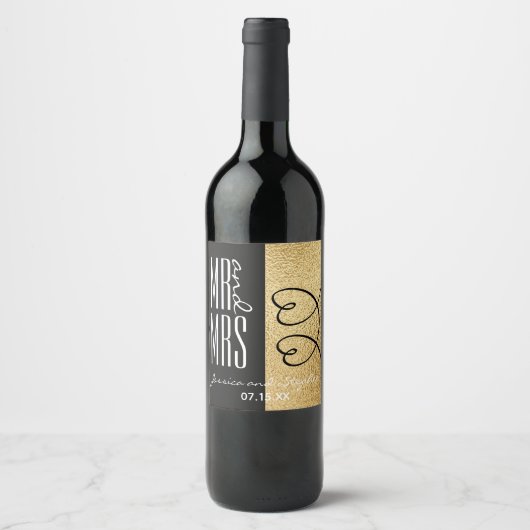 の結婚ワインボトルラベルエレガント金ゴールドとハート ワインラベル (正面)