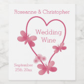 の結婚ワインラベルピンクハートと蝶 ワインラベル (シングルラベル)