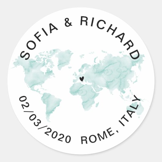 の結婚ワールドマップウォーターカラーリムーバブルハート ラウンドシール (正面)