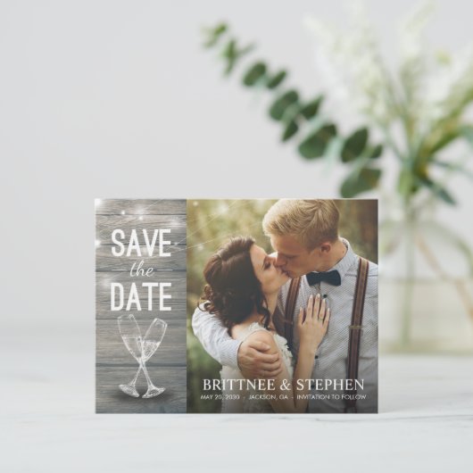 の結婚写真はシャンパングラスウッドの日付を保存 ポストカード (スタンド正面)