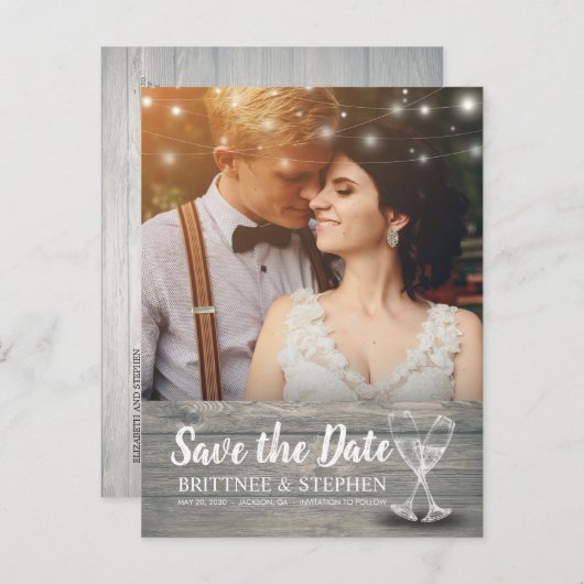 の結婚写真はシャンパングラスウッドの日付を保存 ポストカード (正面/裏面)