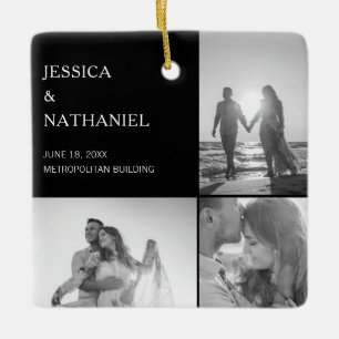 の結婚写真コラージュ ブラック・クリスマス セラミックオーナメント