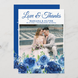 の結婚写真サンキューカードネイビー・ブルー・フローラ 招待状