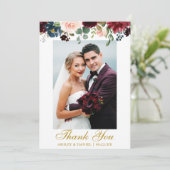 の結婚写真ブルゴーニュ青い水色フローラ金ゴールド サンキューカード (スタンド正面)