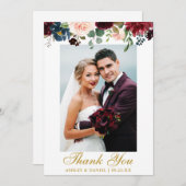 の結婚写真ブルゴーニュ青い水色フローラ金ゴールド サンキューカード (正面/裏面)