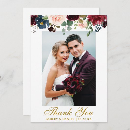 の結婚写真ブルゴーニュ青い水色フローラ金ゴールド サンキューカード (正面/裏面)