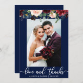 の結婚写真ラヴ感謝していBurgundyフローラブルー サンキューカード (正面/裏面)