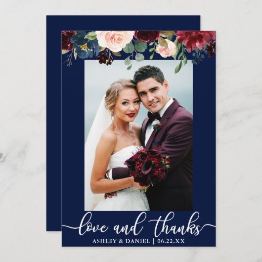 の結婚写真ラヴ感謝していBurgundyフローラブルー サンキューカード (正面/裏面)