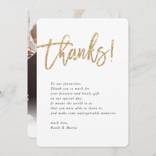 の結婚写真感謝してい金ゴールドグリッターモダンメッセージ 招待状 (正面/裏面)