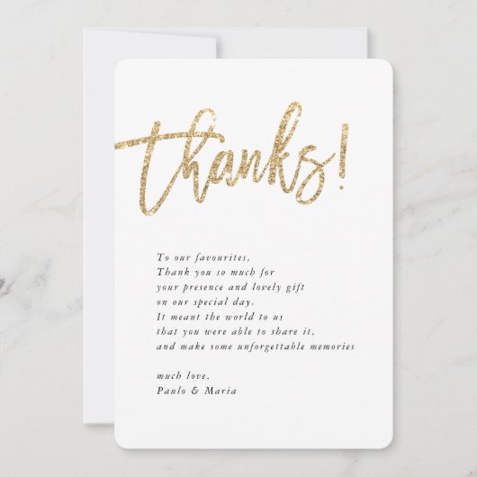 の結婚写真感謝してい金ゴールドグリッターモダンメッセージ 招待状 (正面)