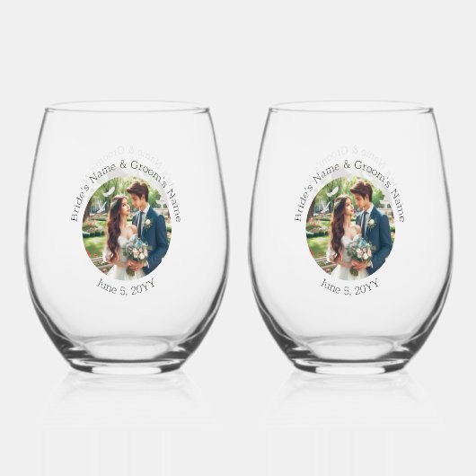 の結婚写真花婿パーソナライズされたエレガント ステムなしワイングラス (裏面)