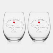 の結婚名パーソナライズされた前とハート付きEst Year ステムなしワイングラス (裏面)