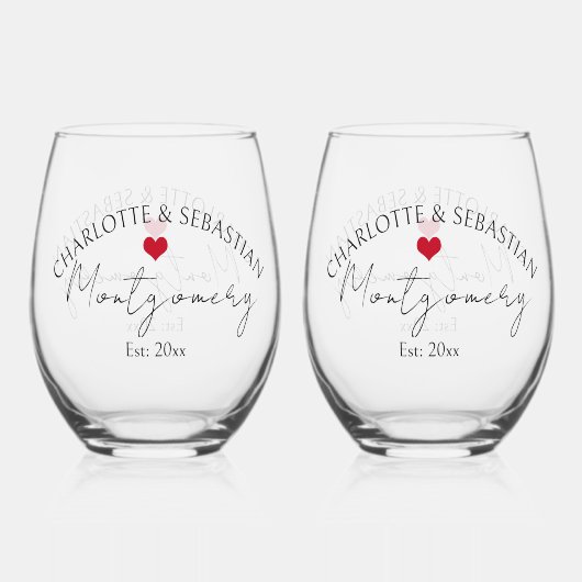 の結婚名パーソナライズされた前とハート付きEst Year ステムなしワイングラス (正面)