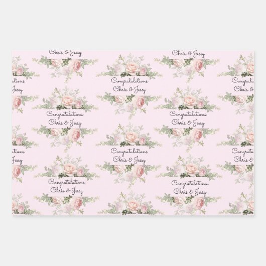 の結婚名前を追加ソフトピンクのバラ3ギフト ラッピングペーパーシート (正面3)