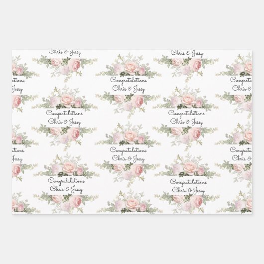 の結婚名前を追加ソフトピンクのバラ3ギフト ラッピングペーパーシート (正面)