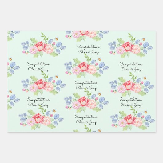 の結婚名前を追加フルーツと花の水色3 ラッピングペーパーシート (正面3)