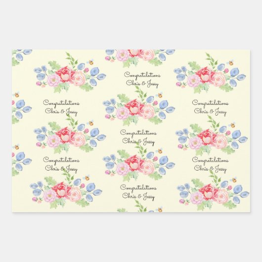 の結婚名前を追加フルーツと花の水色3 ラッピングペーパーシート (正面2)