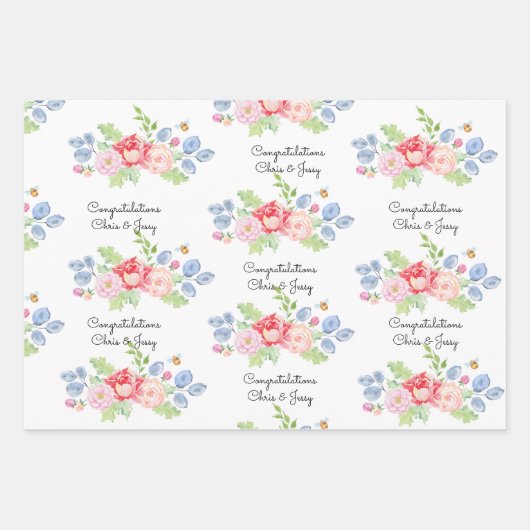 の結婚名前を追加フルーツと花の水色3 ラッピングペーパーシート (正面)