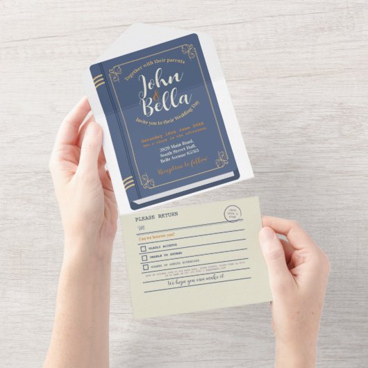 の結婚図書室テーマの表紙とRSVP オールインワン招待状 (貼ってはがせる)