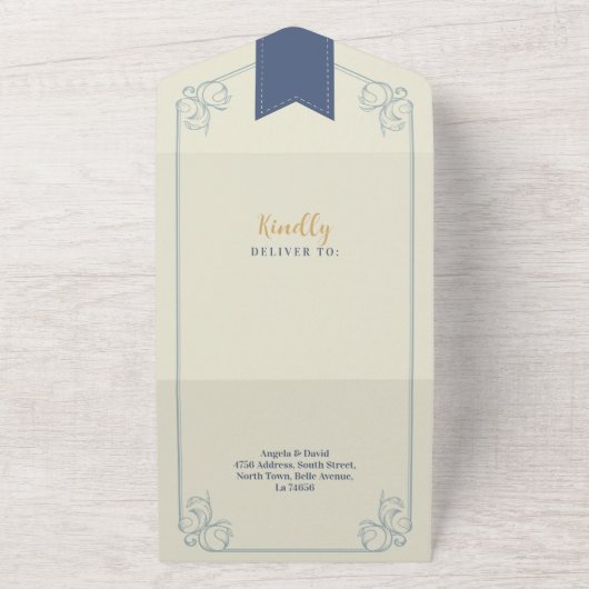 の結婚図書室テーマの表紙とRSVP オールインワン招待状 (外側)