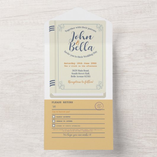 の結婚図書室テーマの表紙とRSVP オールインワン招待状 (内側)