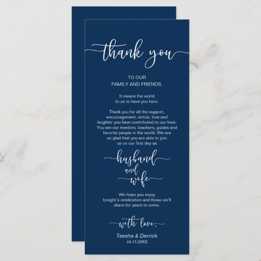 の結婚場所設定ありがとう、ネイビーブルー、カード プログラム (正面/裏面)