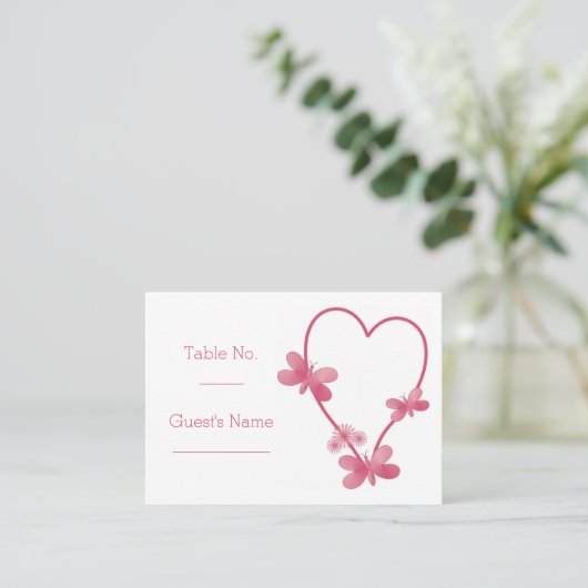 の結婚場所設定カードピンクハート蝶 プレイスカード (スタンド正面)