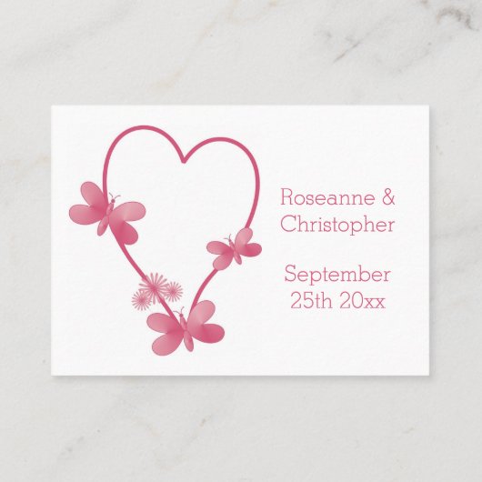 の結婚場所設定カードピンクハート蝶 プレイスカード (裏面)