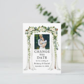 の結婚天蓋の緑の白いフローラの日付の変更 ポストカード (スタンド正面)