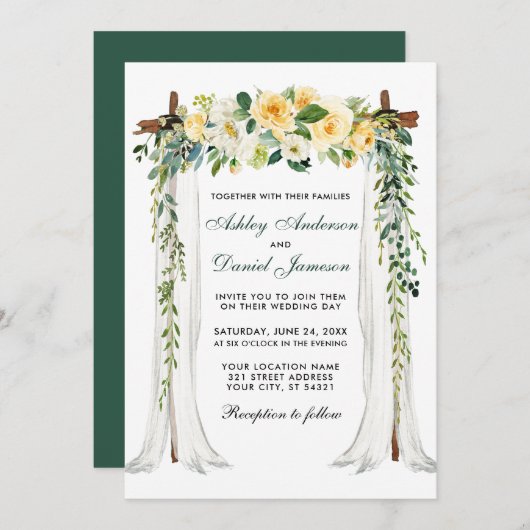 の結婚天蓋アーチ水カラー黄色フローラ緑 招待状 (正面/裏面)