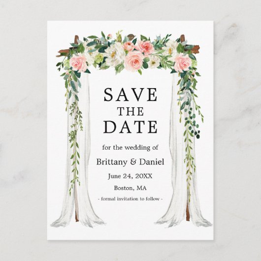 の結婚天蓋アーチ水色ピンク白フローラ 案内ポストカード (正面)