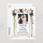 の結婚天蓋ピンクほこりっぽい青いフローラ写真 案内ポストカード (正面/裏面)