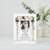 の結婚天蓋ピンクほこりっぽい青いフローラ写真 案内ポストカード (スタンド正面)