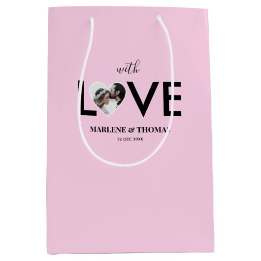 の結婚婚約カスタムフォトピンクハート枠 ミディアムペーパーバッグ (正面)