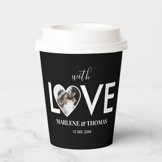 の結婚婚約カスタムフォトブラックハートフレーム 紙コップ (裏面)