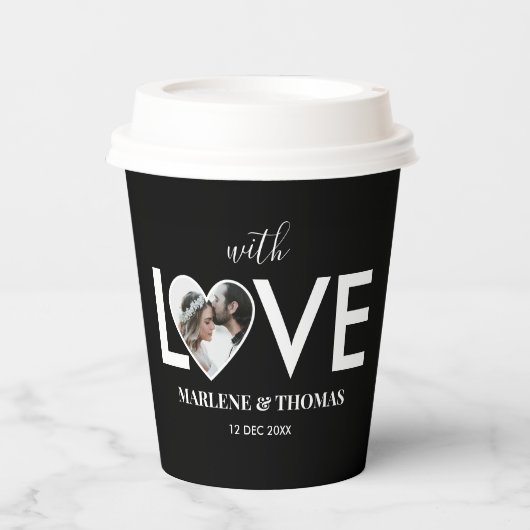 の結婚婚約カスタムフォトブラックハートフレーム 紙コップ (正面)
